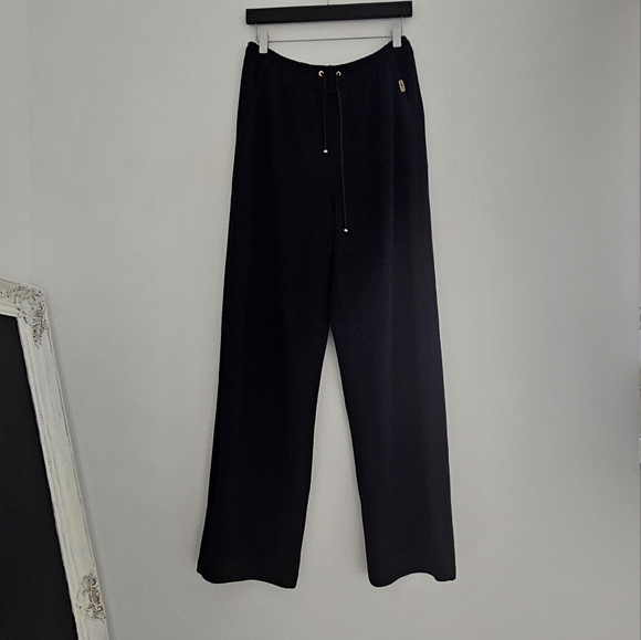 St.John Sport Knit Black Drawstring Santana Drawstring Wide Leg Pants - Picture 2 of 14